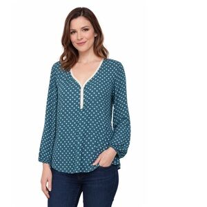 Xhilaration Blouse Teal Green White Polka Dot Long-Sleeve V-Neck Blouse Large